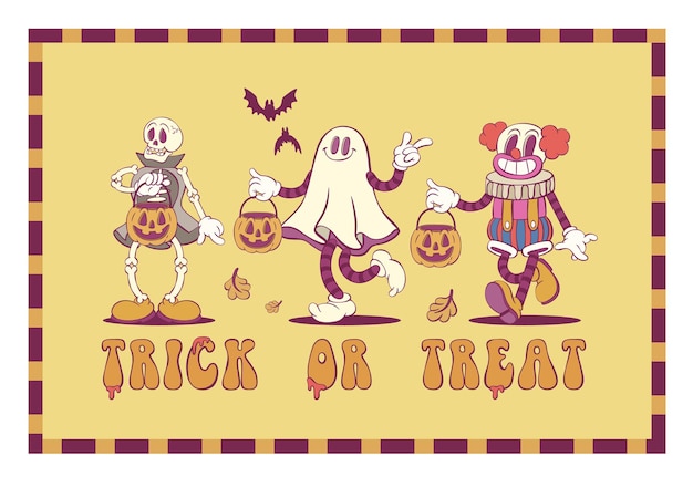 Personajes retro groovy de la mascota de Halloween