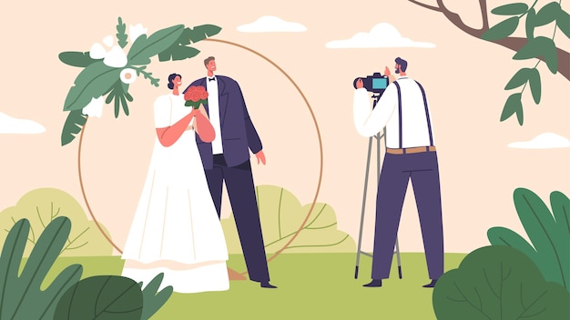 Personajes románticos de la pareja en la sesión de fotos de bodas capturando el amor, la alegría y los momentos de pura felicidad hermosamente posados y tomas sinceras que inmortalizan el día especial ilustración vectorial de personas de dibujos animados