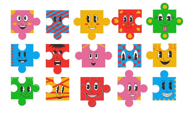 Personajes de rompecabezas Emociones de cara cómica de dibujos animados en piezas de rompecabezas formas abstractas lindo emoji facial diseño de garabato plano Vector conjunto aislado