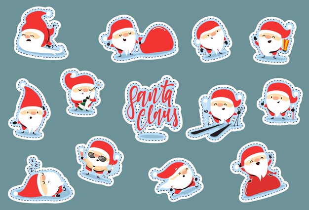 Personajes de Santa Claus de la Navidad. Patch de dibujos animados peculiares pegatina linda plana. Patches de juego de Navidad. Personaje de dibujos animados de Santa Claus divertido con diferentes emociones.