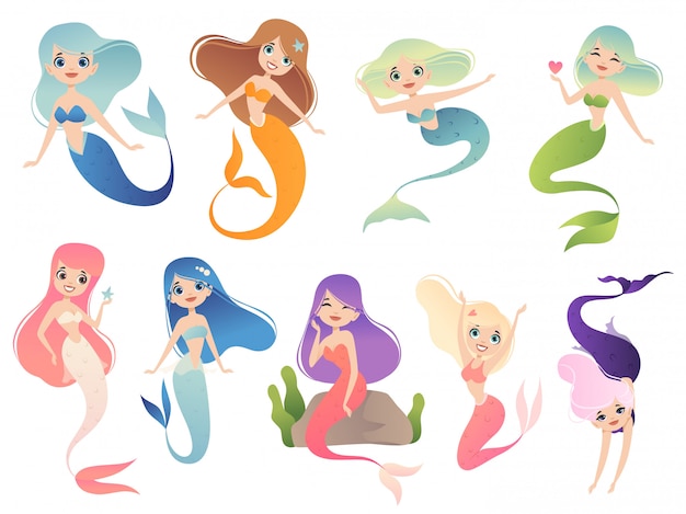 Personajes de sirena adolescente natación mística fantasía princesa submarina mujer mascota de dibujos animados