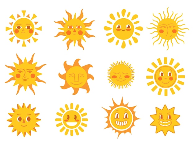 Personajes de sol amarillo sonrisa sol emoticono de clima de verano caras de dibujos animados cómicos felices símbolos de vacaciones soleadas sol garabato conjunto de vectores aseado estacional