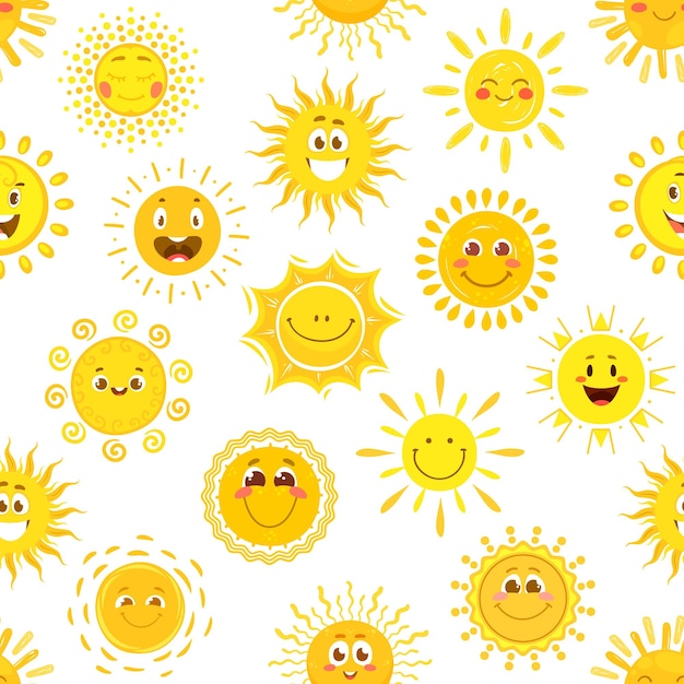 Personajes de sol de patrones sin fisuras dibujos animados caras sonrientes de sol vector de fondo Patrón de verano con caras emoji lindas y divertidas felices y sonrisas soleadas o fondo de emoticonos alegres y brillantes