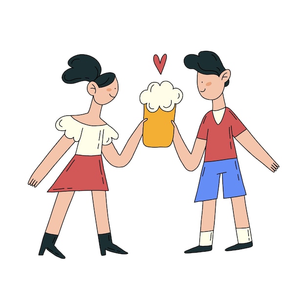 Vector los personajes sostienen una ilustración plana dibujada a mano de cerveza aislada en blanco. concepto de bebida alcohólica.