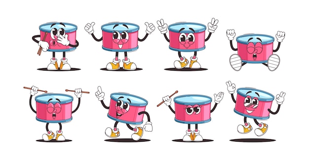 Personajes de tambores de dibujos animados retro que expresan diferentes emociones y poses Instrumento de tambores rosado y adorable