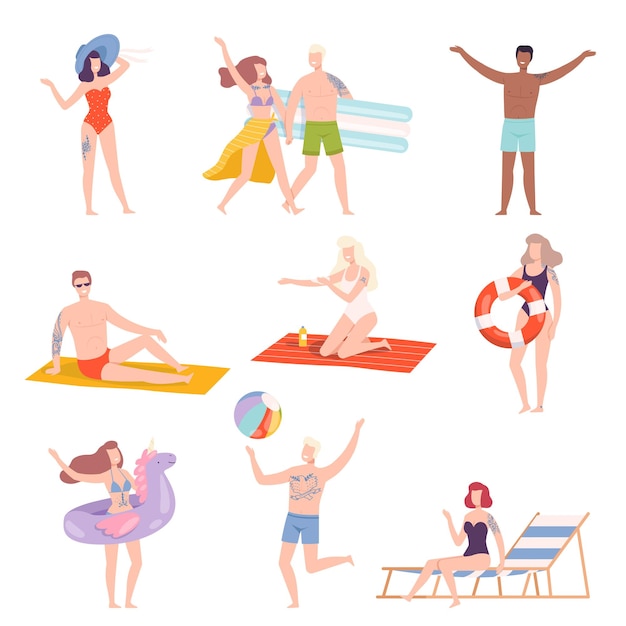Personajes tatuados en traje de baño descansando en la playa Conjunto de ilustraciones vectoriales