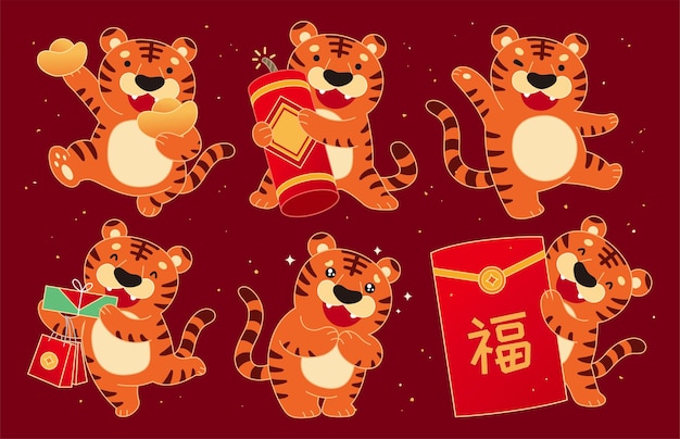 Personajes de tigre de año nuevo chino