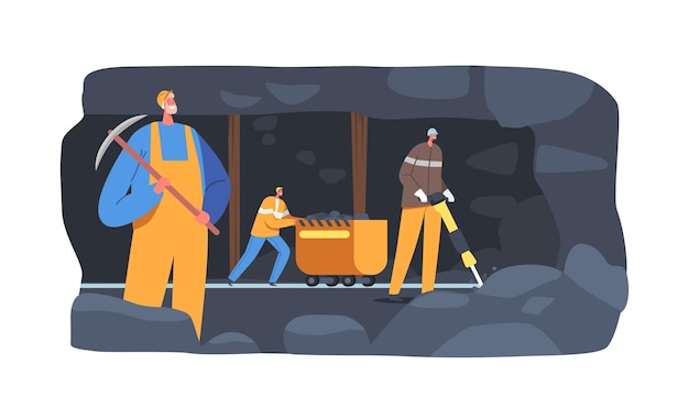 Personajes de trabajadores de la industria de extracción en uniforme y casco en la cantera de carbón cargando fósiles en el carro de la mina. Trabajo minero