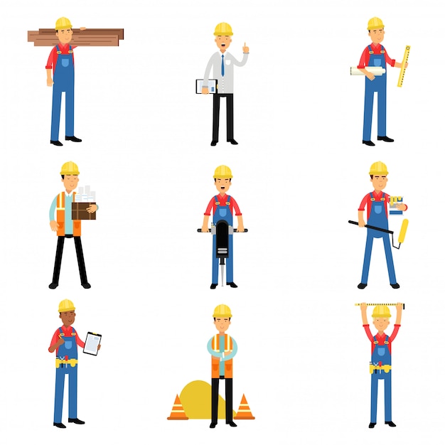 Vector personajes de trabajadores industriales de ingeniería de construcción que trabajan con herramientas y equipos de construcción