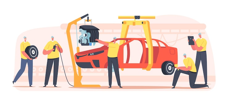 Vector personajes de trabajadores en la línea de producción de automóviles en la planta, ensamblaje de carrocerías de automóviles de fábrica de fabricación de vehículos con personas que administran el proceso de construcción de automóviles. ingeniería de transporte. ilustración vectorial de dibujos animados