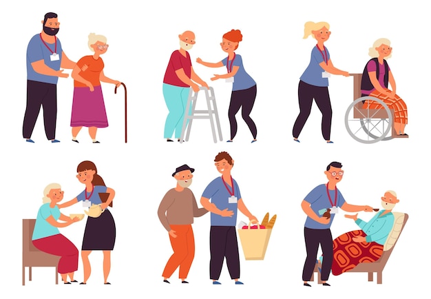 Vector personajes de trabajadores sociales cuidado de ancianos mayores persona mayor que toma ayuda voluntarios servicio salud alimentos cuidado caridad conjunto de vectores de asistencia decente