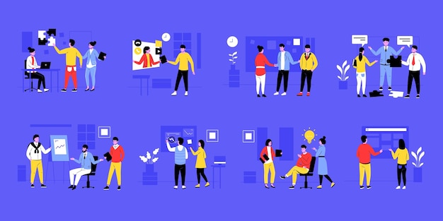 Personajes de trabajo en equipo Grupo de empresarios que trabajan juntos para resolver problemas y hacer una lluvia de ideas Los empleados de la oficina de vectores realizan el concepto de actividad laboral