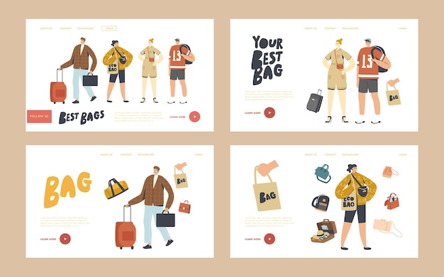 Vector personajes de turistas con diferentes bolsas de equipaje conjunto de plantillas de página de destino. personas se preparan para ir de vacaciones, viajar con maletas, retícula, estudiante con mochila. ilustración de vector de personas lineales