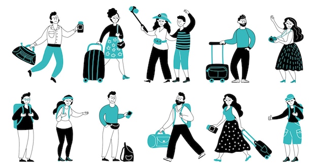 Personajes de turistas Personas de viaje vacaciones turísticas o viaje Persona con equipaje y mochilas campamento forestal aventura colección de vectores decente Ilustración vacaciones y carácter de viaje