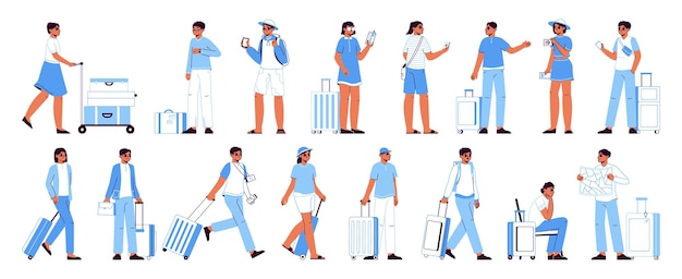 Personajes turísticos personas que viajan con maleta y mochila conjunto de ilustraciones vectoriales