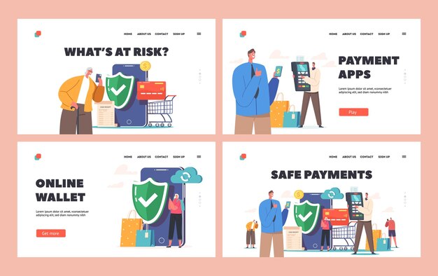 Los personajes utilizan el conjunto de plantillas de la página de inicio de pago seguro Los compradores tienen tarjetas de crédito para pagar con el teléfono inteligente