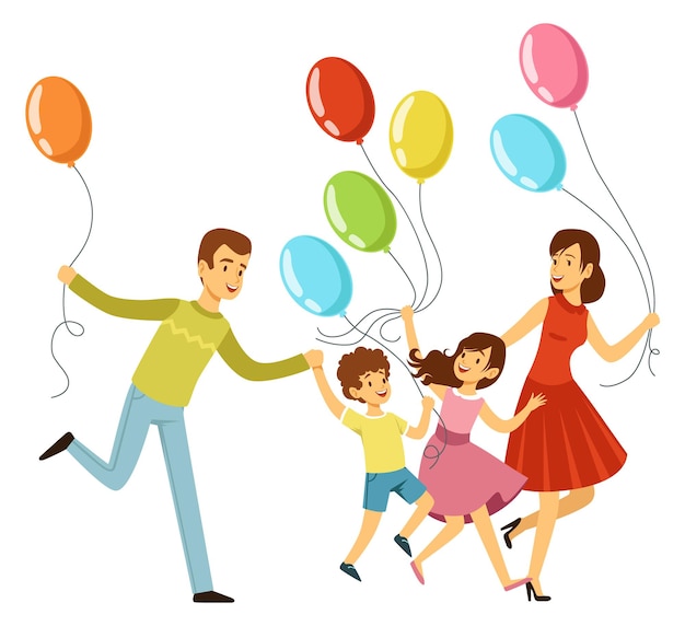 Personajes de vacaciones familiares con globos felices padres e hijos corriendo juntos