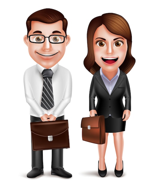 Personajes de vector de hombre y mujer de negocios sosteniendo maletín con vestido corporativo formal