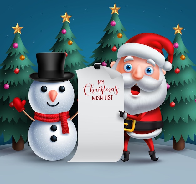 Personajes de vector de santa claus y muñeco de nieve con papel de lista de deseos de navidad en blanco