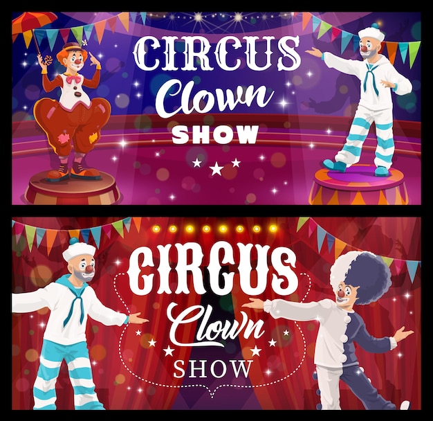 Personajes de vectores de dibujos animados de payasos de circo de shapito que realizan espectáculos de comedia en el escenario del parque de atracciones o parque de atracciones bufón divertido o animador cómico con pelucas, narices rojas y luces de paraguas y banderas