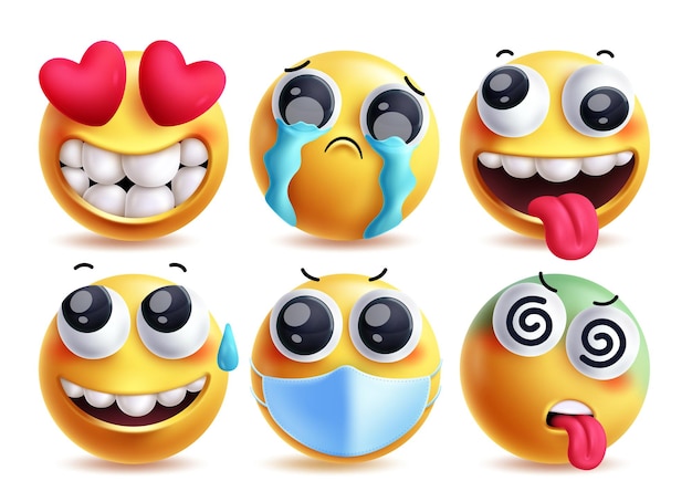 Los personajes vectoriales de emojis tontos establecen emojis enamorados, sollozo, alivio tonto, gripe y clip art facial mareado.