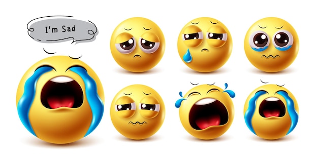 Los personajes vectoriales de emojis tristes 3D establecen emojis con tristeza infeliz llorando decepcionado llorando