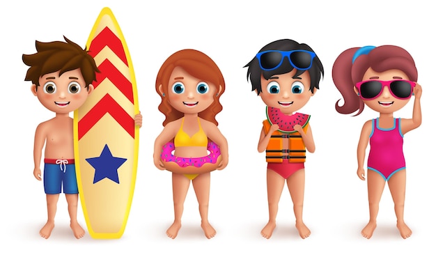 Vector personajes vectoriales de niños de verano con niños y niñas jugando al aire libre y sosteniendo elementos de playa