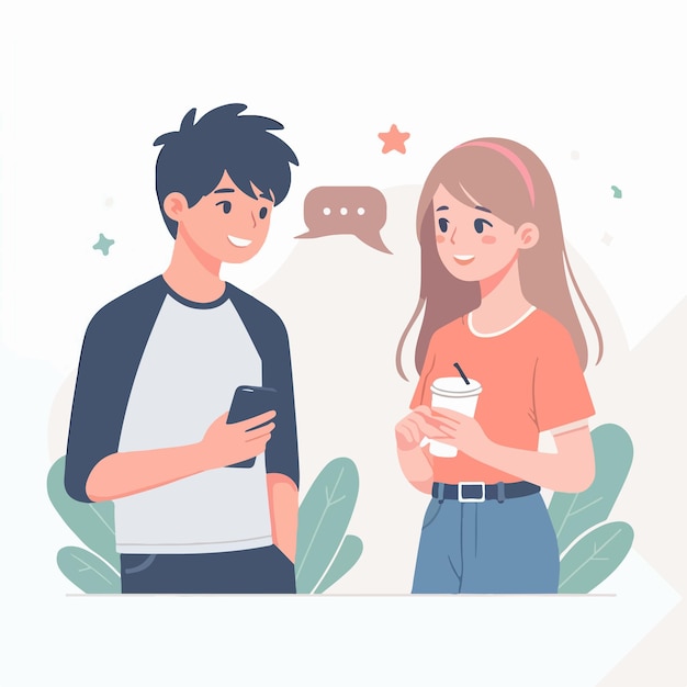 Vector personajes vectoriales de una pareja adolescente hablando en un estilo de diseño plano simple y minimalista