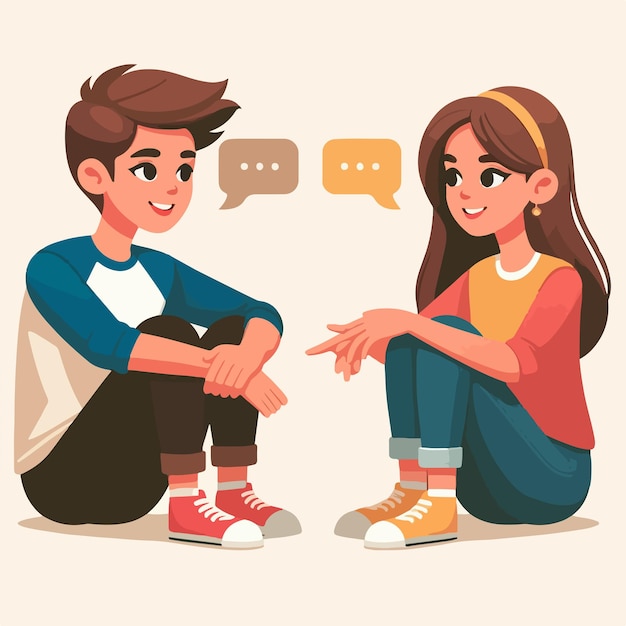 Personajes vectoriales de una pareja adolescente hablando en un estilo de diseño plano simple y minimalista