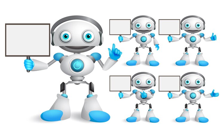 Vector los personajes vectoriales de robot blanco hablan mientras sostienen carteles vacíos para texto y tecnología