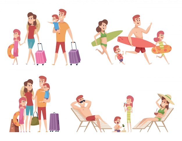 Personajes de verano. familia, pareja, viajeros, con, niños, ir de vacaciones, en, playa, mar, oceano, tropical, naturaleza