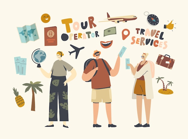 Personajes Visita Agencia de viajes Compra Tour para ir de vacaciones Vacaciones alrededor del mundo Viaje o viaje por el interior del país, Turismo local. Oferta Tour Operador Viaje. Ilustración de Vector de personas lineales