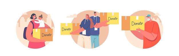 Los personajes voluntarios distribuyen y donan a los pobres Iconos redondos aislados o Avatares Ayuda y ayuda humanitaria