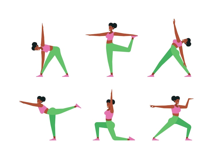 Vector personajes de yoga estilo de vida saludable persona femenina activa en posturas de yoga estiramiento deportivo fitness jóvenes ilustraciones planas de vectores chillones