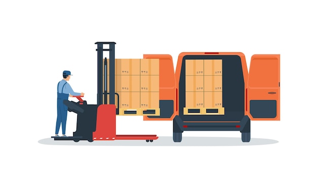 Personal del almacén cargando una furgoneta de carga usando una carretilla elevadora eléctrica ilustración vectorial