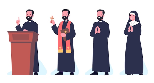 Personal católico Sacerdote masculino y monja en uniforme Pastor en la tribuna Predicador de pie con la Biblia Cristianismo abadía Feliz votante orando en la iglesia Concepto vectorial