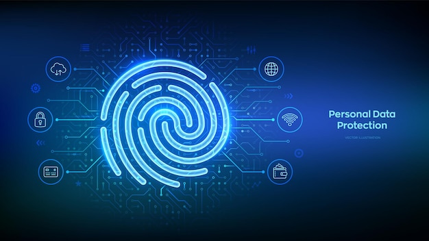 Personal data protection Biometrics identification Fingerprint icon on circuit board pattern background Cyber security Password control Fingerprint scan Password control Vector illustration
