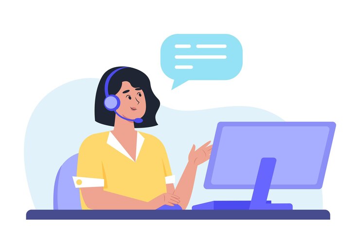 Vector el personal del departamento de atención al cliente ayuda a un cliente a través de una llamada de línea directa para resolver un problema, despachador