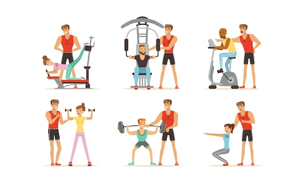 Personal Gym Coach or Instructor Training People Characters Vector Set