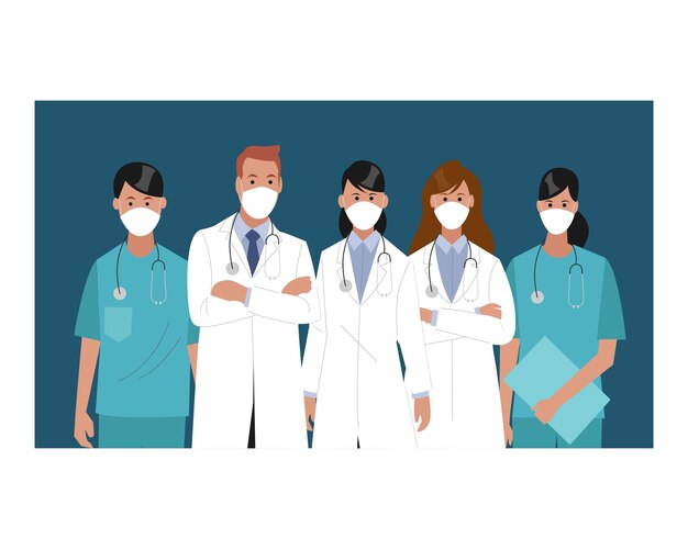 El personal médico de médicos y enfermeras que usan máscaras de protección Vector del concepto de equipo médico