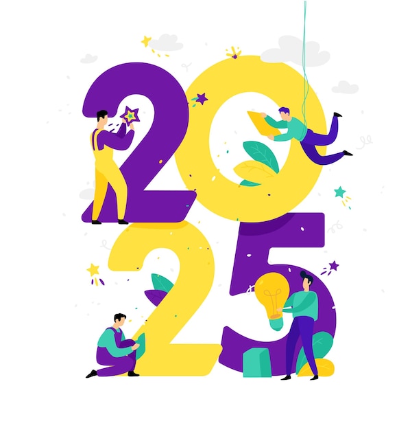 El personal de la oficina se está preparando para cumplir con el nuevo año 2025 Ilustración vectorial Personajes de dibujos animados reparan los números La imagen está aislada en fondo blanco Ilustración plana para banner y sitio