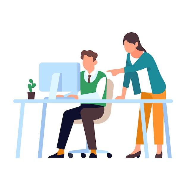 El personal de oficina trabaja. Lluvia de ideas de gente de negocios. Trabajo en equipo eficaz. El hombre se sienta en la mesa de la computadora. La mujer ayuda y da consejos a su colega. Cooperación de los trabajadores. Actividades de los empleados. Concepto de vector