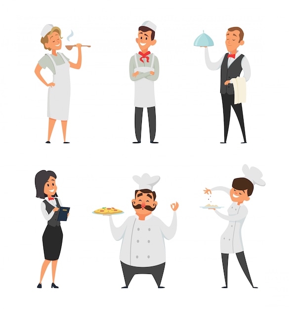 Personal profesional del restaurante. cocinero, camarero y otros personajes de dibujos animados.