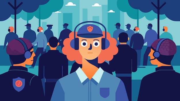Vector el personal de seguridad lleva auriculares que monitorean y rastrean la actividad cerebral mientras patrullan una concurrida