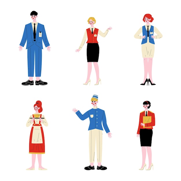 El personal de servicio del hotel establece a la camarera Porter y a la recepcionista en uniforme Ilustración vectorial de dibujos animados
