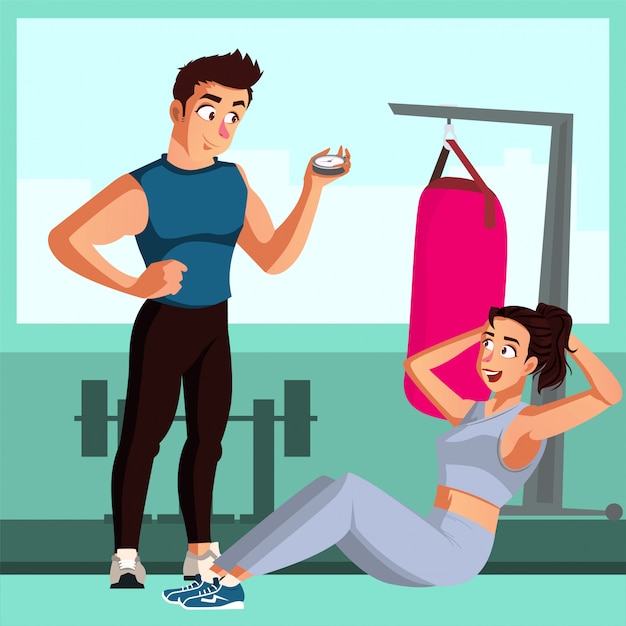 Personal trainer gives instruction to a woman to do sit-up workout 