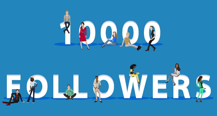 Vector personas en 10000 seguidores para presentaciones de aplicaciones móviles web