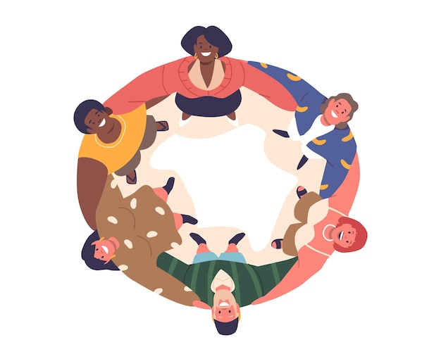 Personas abrazándose vista superior grupo de personajes forma un círculo estrecho abrazándose unos a otros creando una muestra conmovedora de unidad y conexión vista desde arriba ilustración de vectores de dibujos animados