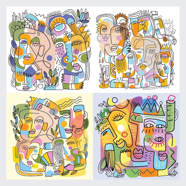 Personas abstractas se enfrentan a retratos arte lineal decorativo étnico dibujado a mano ilustración vectorial arte de pared