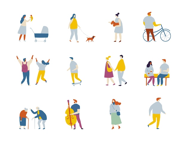 Personas actividades al aire libre conjunto de vectores planos silueta Vida de la ciudad
